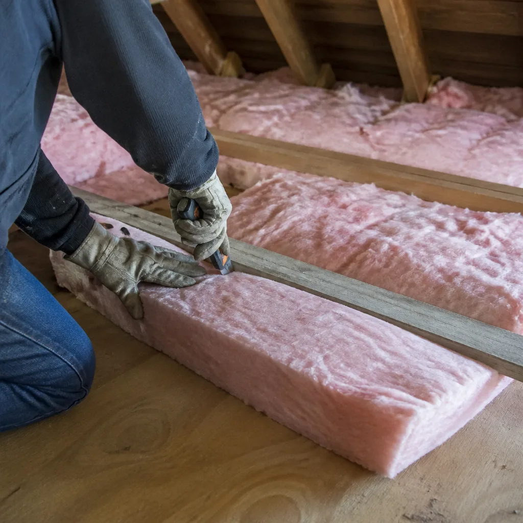 Professional contractor cutting pink fiberglass attic insulation with a utility knife