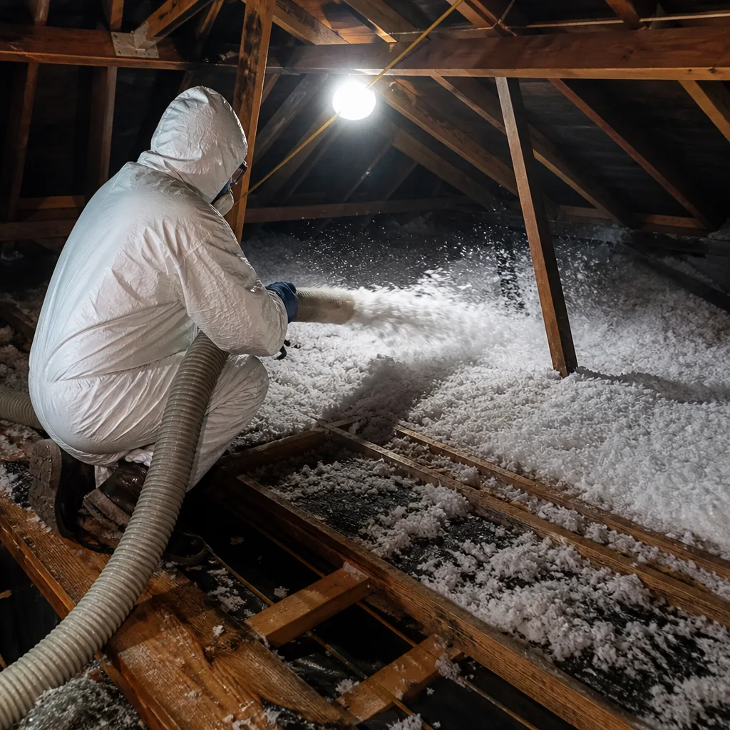 Professional in protective suit installing blown-in attic insulation