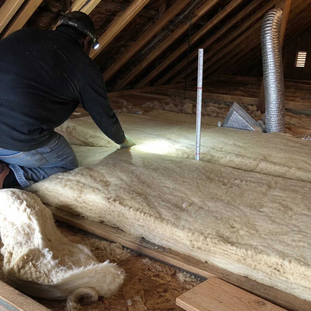 Technician installing attic fiberglass insulation rolls