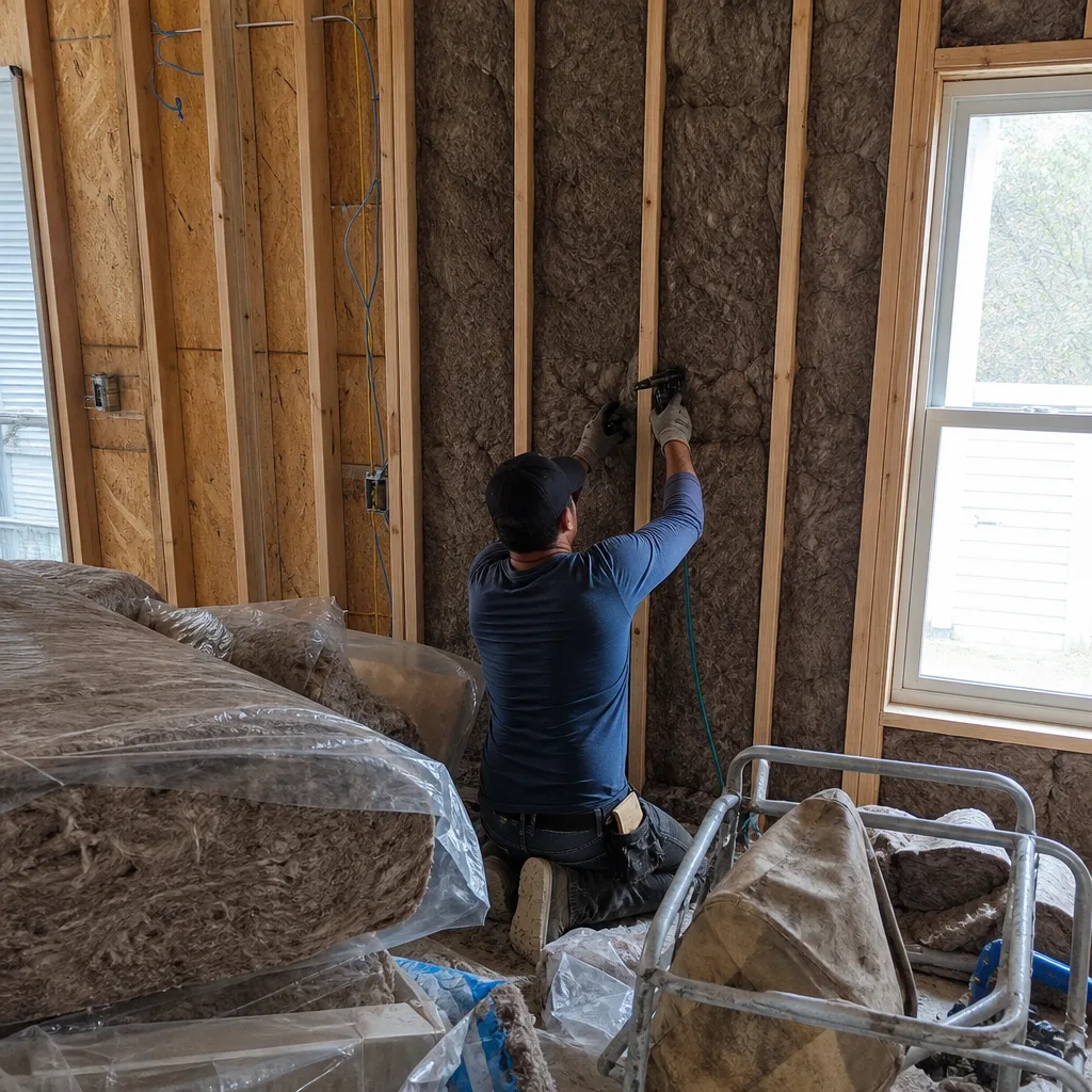 Professional contractor installing blown-in insulation in a wooden wall frame