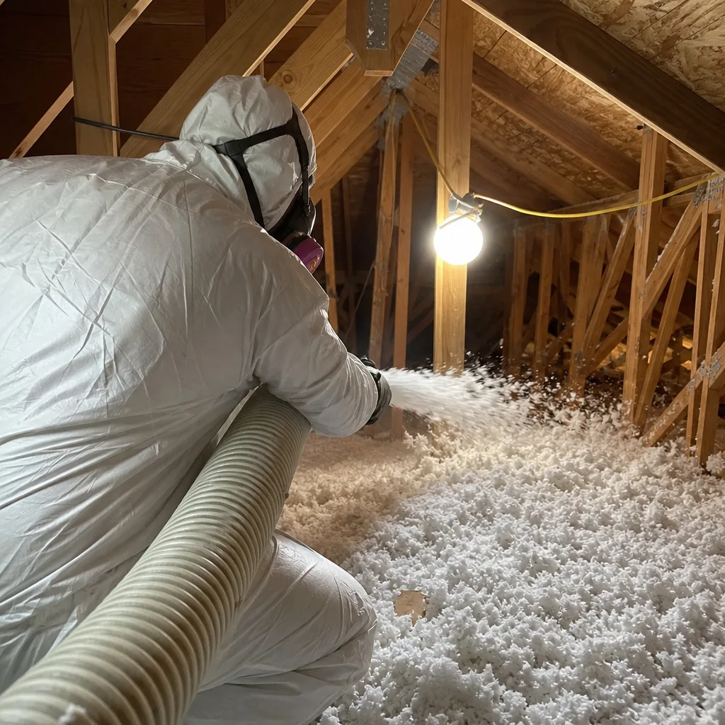 Professional technician installing blown-in attic insulation with protective gear