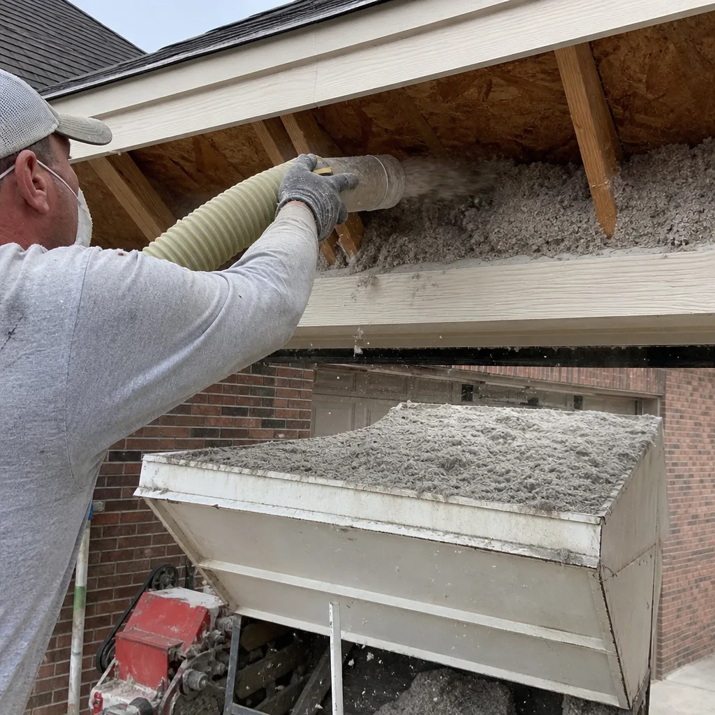 Professional contractor installing blown-in cellulose insulation into a roof structure