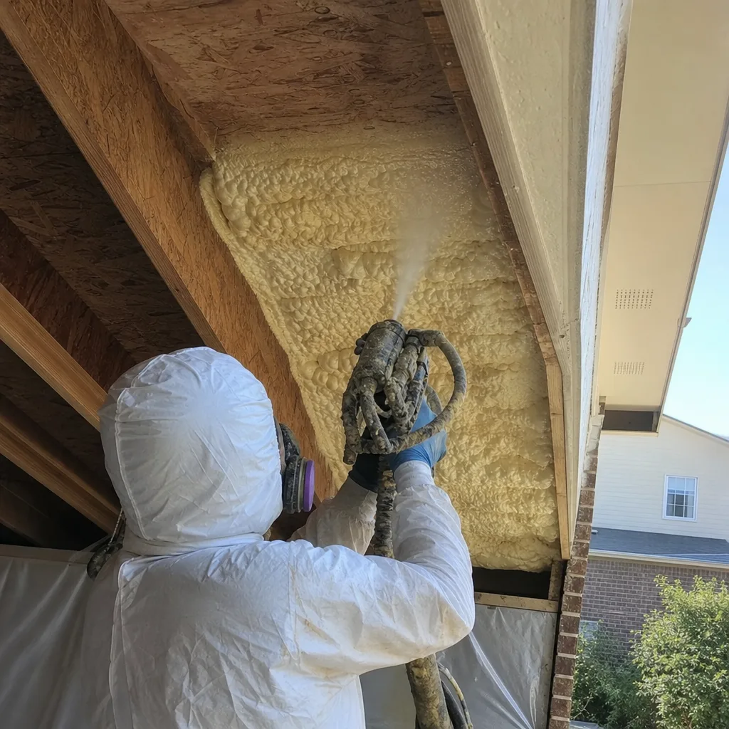 Contractor applying professional spray foam insulation to residential roof decking