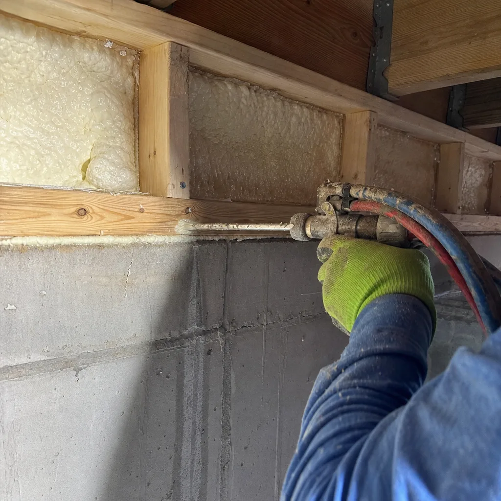 Professional applying spray foam insulation to rim joist of concrete foundation