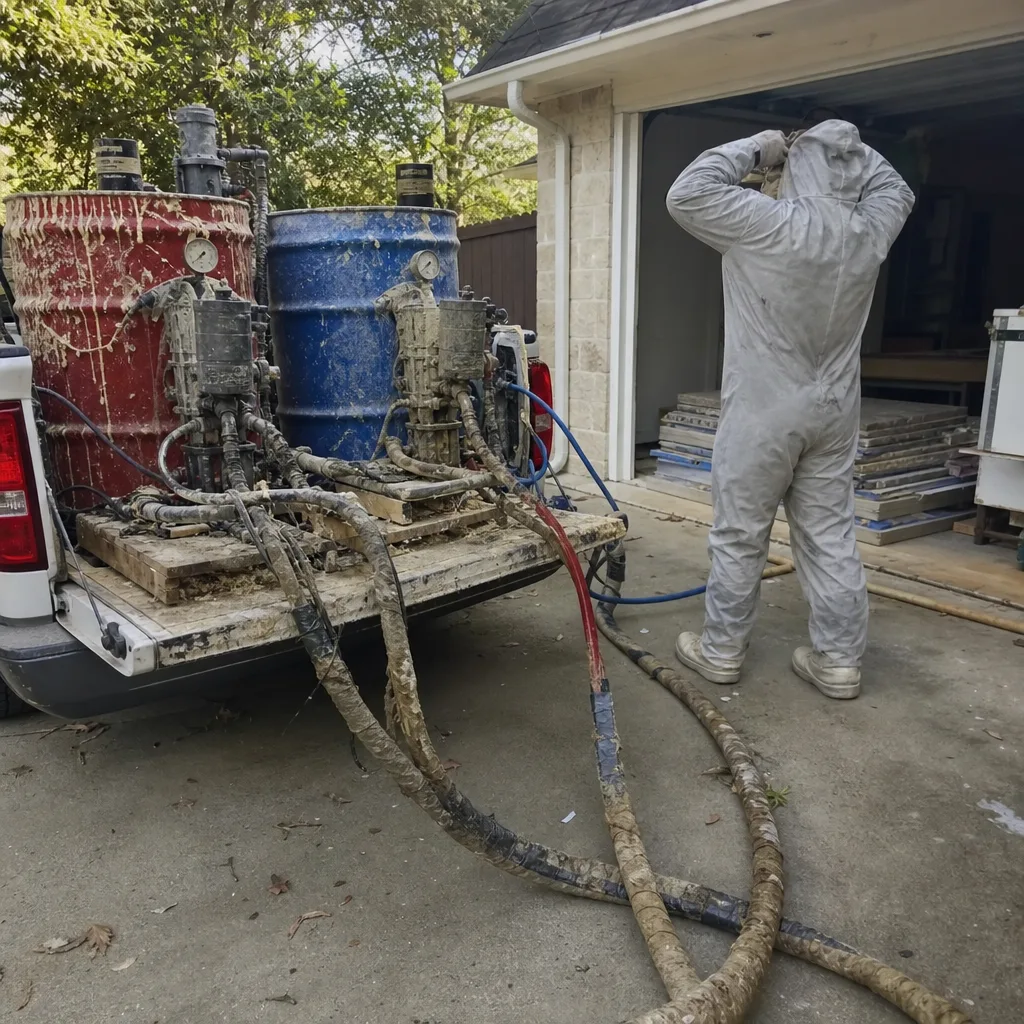 Technician using professional spray foam insulation equipment for building weatherization.